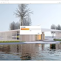 Modern Building Entrance Gate With Waterfront Reflection and Curved Roof Design