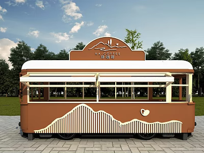 Mountain Themed Mobile Cafe Exterior With Brown White Color Wavy Pattern And Green Trees 3d model