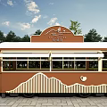 Mountain Themed Mobile Cafe Exterior With Brown White Color Wavy Pattern And Green Trees