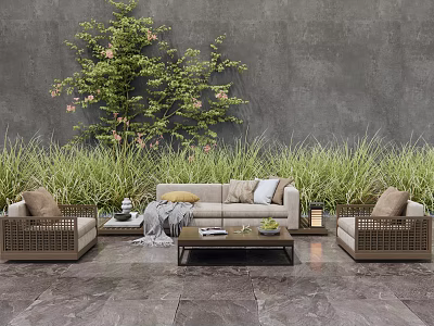 Outdoor Sofa Set With Wicker Chairs Coffee Table And Green Plants Against Gray Wall 3d model
