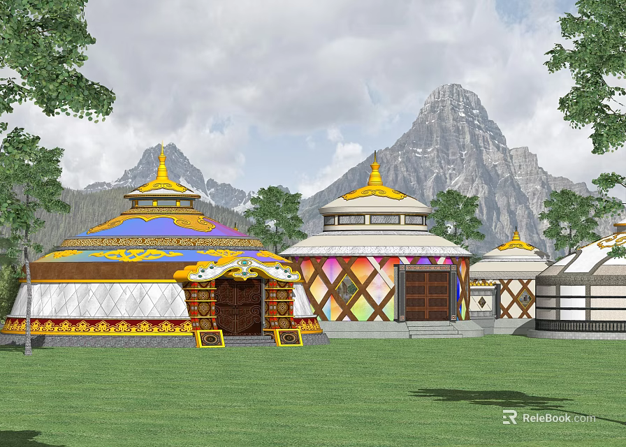 Colorful Traditional Yurt Garden Ornaments With Yellow Roofs Green Grass And Mountain Background 3d model 