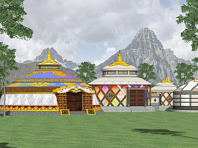 Colorful Traditional Yurt Garden Ornaments With Yellow Roofs Green Grass And Mountain Background 3d model