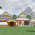 Colorful Traditional Yurt Garden Ornaments With Yellow Roofs Green Grass And Mountain Background