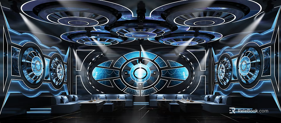 Modern Tech Style KTV Interior Design With Blue Lighting Circular Decor Sofas And Tables 3d model 