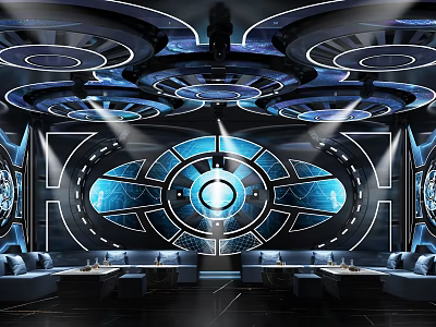 Modern Tech Style KTV Interior Design With Blue Lighting Circular Decor Sofas And Tables 3d model
