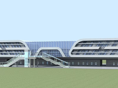 Modern Architectural Design Featuring Curved Glass Facade And Skywalk With Green Lawn 3d model