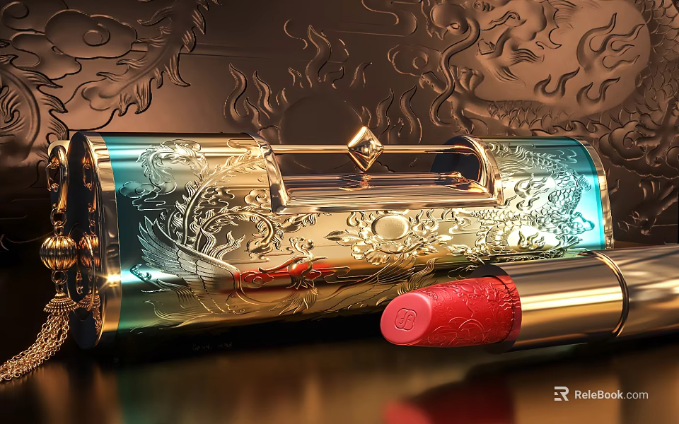Luxury Cosmetic Container With Red Lipstick And Intricate Golden Blue Carvings 3d model 