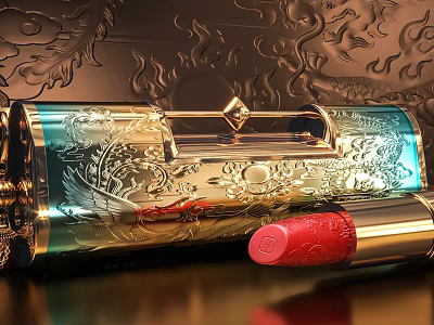 Luxury Cosmetic Container With Red Lipstick And Intricate Golden Blue Carvings 3d model