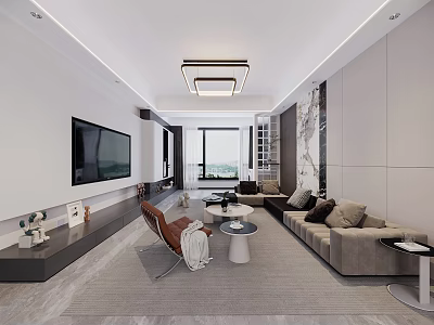 Modern Spacious Minimalist Living Room Design With Comfortable Sofa And Stylish Coffee Tables 3d model