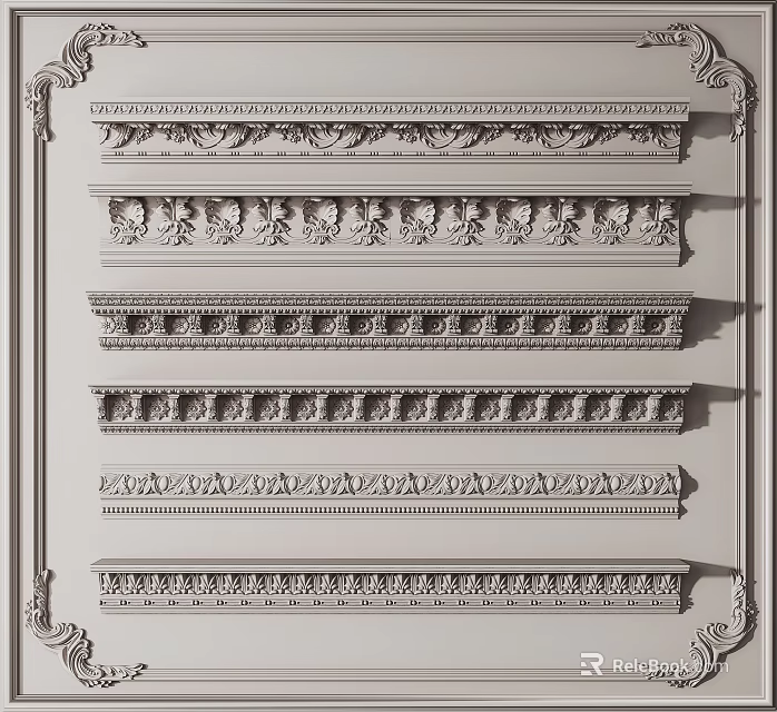 Various Styles of Decorative Gypsum Crown Molding with Ornate Patterns and Details 3d model 