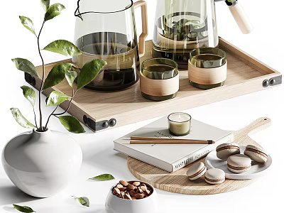 Natural Style Tableware Set with Glass Kettle Wooden Cups Macarons and Nuts on Wooden Tray 3d model