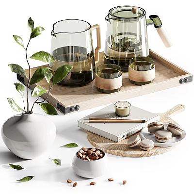 Natural Style Tableware Set with Glass Kettle Wooden Cups Macarons and Nuts on Wooden Tray 3d model