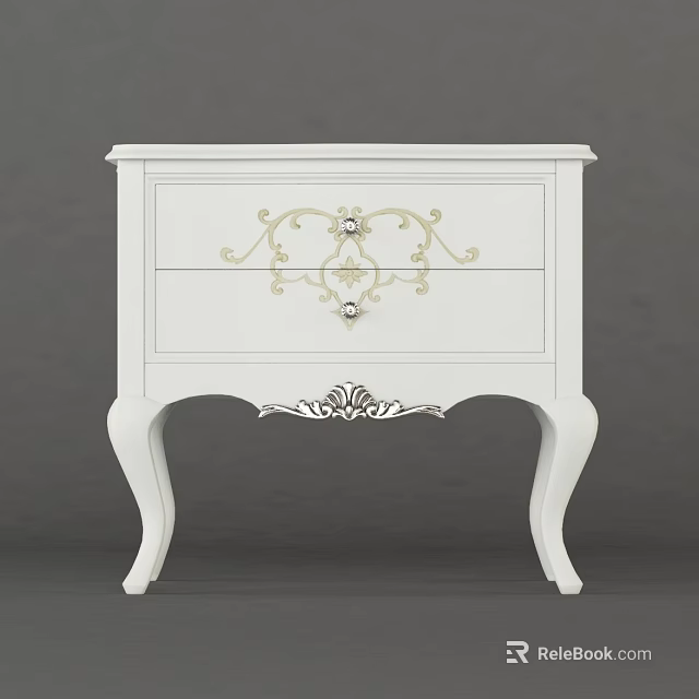 White Bedside Table With Gold Decorative Patterns Curved Legs And Elegant Design 3d model 