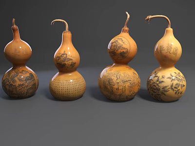 Decorative Gourd Ornament Set With Traditional Carved Patterns For Home 3d model
