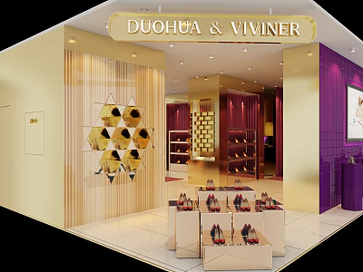 Elegant DUOHUA VIVINER Store Interior With Purple Walls Golden Decorations And Shoe Displays 3d model