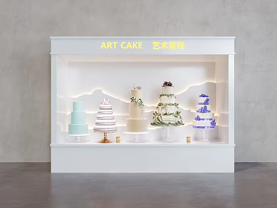 Art Cake Window Display With White Illuminated Showcase And Multi Tier Decorated Cakes 3d model