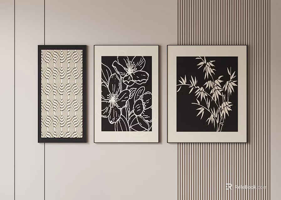 Abstract Wall Art Pieces With Floral Bamboo And Wave Patterns 3d model
