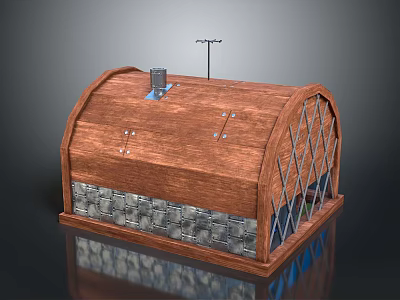 Arched Wooden Structure Design With Stone Base Chimney Antenna And Metal Grille 3d model