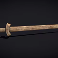 Ancient Wooden Sword Weapon Featuring Carved Handle And Long Sharp Blade