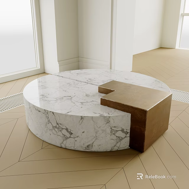 Round Marble Coffee Table With Brass Rectangular Accent And Modern Design 3d model