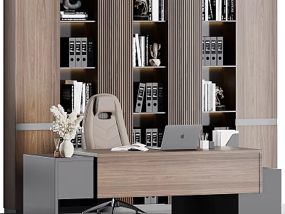 Modern Office Workspace With Wooden Desk Laptop Leather Chair Bookshelf And File Folders 3d model