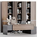 Modern Office Workspace With Wooden Desk Laptop Leather Chair Bookshelf And File Folders