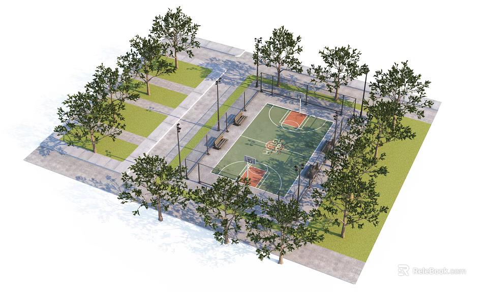Outdoor Basketball Court With Fenced Area Two Hoops Green Surface Trees And Paved Walkway 3d model 