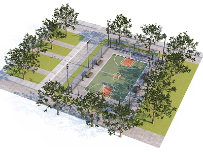 Outdoor Basketball Court With Fenced Area Two Hoops Green Surface Trees And Paved Walkway 3d model