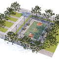 Outdoor Basketball Court With Fenced Area Two Hoops Green Surface Trees And Paved Walkway