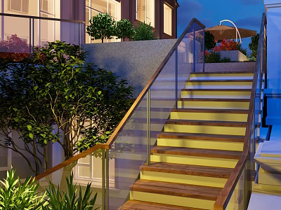 Outdoor Staircase with Glass Railing and Wooden Steps Illuminated Evening with Greenery and Building Background 3d model