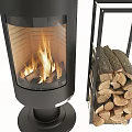 Modern Black Fireplace With Glass Door And Flame Next To Metal Rack With Stacked Firewood