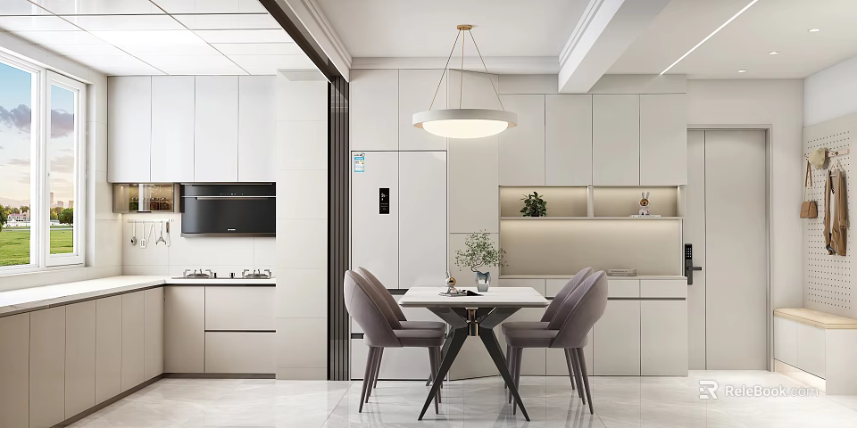 Elegant Modern Kitchen Interior With White Cabinets Dining Table Grey Chairs And Pendant Light 3d model