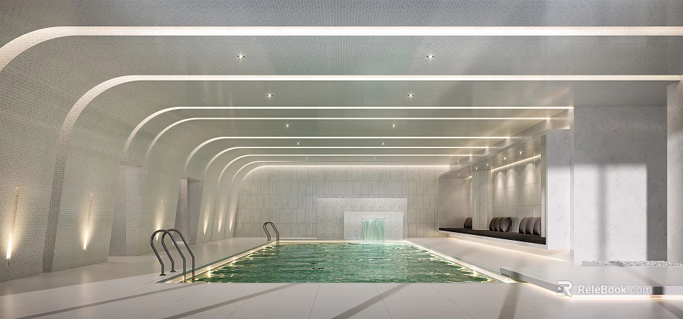 Modern Indoor Swimming Pool Design With Waterfall Feature And Seating Areas 3d model 