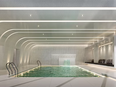 Modern Indoor Swimming Pool Design With Waterfall Feature And Seating Areas 3d model