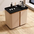 Modern Beige And Black Tea Table With Cabinet Doors And Tea Sets On Top