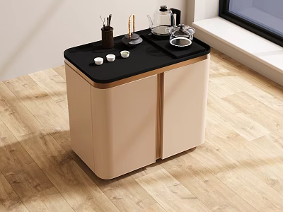 Modern Beige And Black Tea Table With Cabinet Doors And Tea Sets On Top 3d model