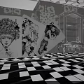 Artistic Interior Space With Black And White Checkerboard Floor Geometric Ceiling And Clock Decorations