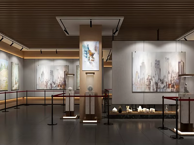 Art Exhibition Hall Interior With Wall Paintings Exhibits Lighting And Ropes 3d model