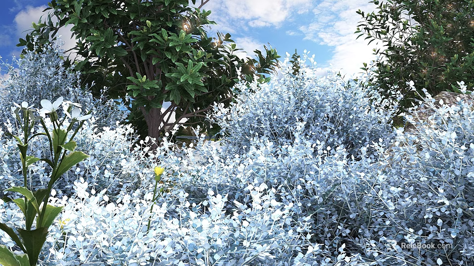 Silver Gray Shrubs Growing With Green Trees Blue Sky White Clouds And Yellow Flowers 3d model 