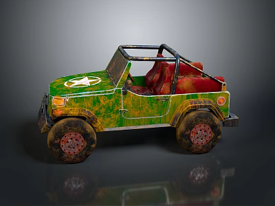 Green And Red Toy Jeep With Open Top Red Seats Muddy Large Off-Road Wheels 3d model