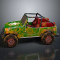 Green And Red Toy Jeep With Open Top Red Seats Muddy Large Off-Road Wheels