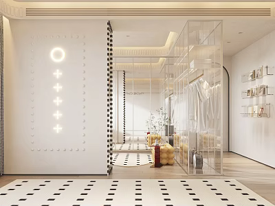 Modern Walk In Closet With Glass Partition Geometric Rug And Lighting 3d model