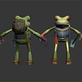 Anthropomorphic Green Frog Characters With Backpack Blue Vest Red Eyes And Brown Boots