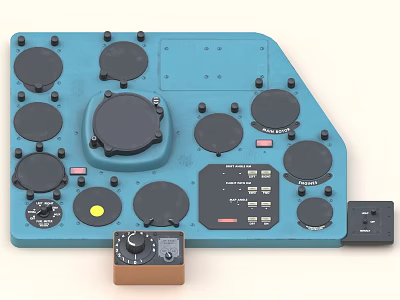 Blue Industrial Equipment Control Panel With Multiple Black Knobs Circular Buttons And Dials 3d model