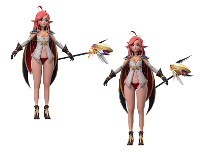 Game Fantasy Character With Pink Hair Elven Ears White Top And Winged Staff 3d model