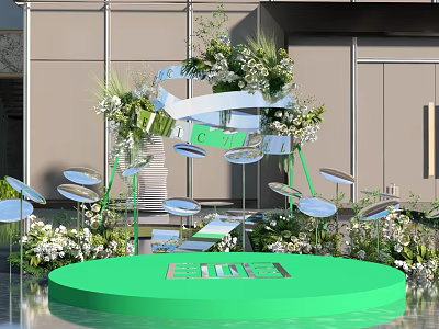 Modern Floral Installation With Green Circular Platform Hanging Silver Elements White Flowers And Green Plants 3d model