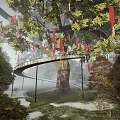 Elevated Bridge Around Giant Tree With Hanging Red Banners In Misty Forest