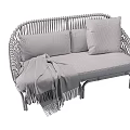 Modern Wicker Sofa With Linen Cushions Plaid Throw Blanket Intricate Design Shown In Multiple Angles
