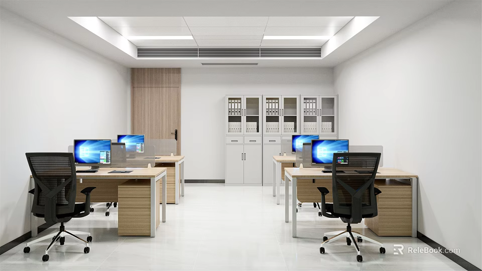 Modern Office Interior With Workstations Computers Black Chairs Cabinets And Bright Lighting 3d model