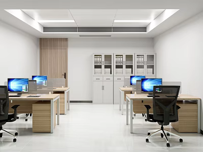 Modern Office Interior With Workstations Computers Black Chairs Cabinets And Bright Lighting 3d model